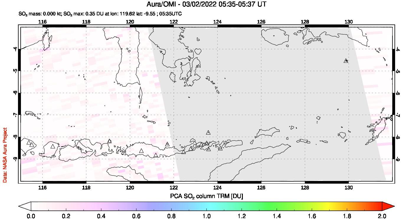 A sulfur dioxide image over Lesser Sunda Islands, Indonesia on Mar 02, 2022.