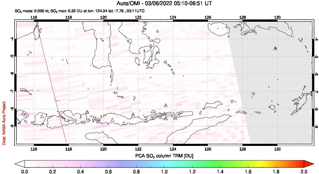 A sulfur dioxide image over Lesser Sunda Islands, Indonesia on Mar 06, 2022.