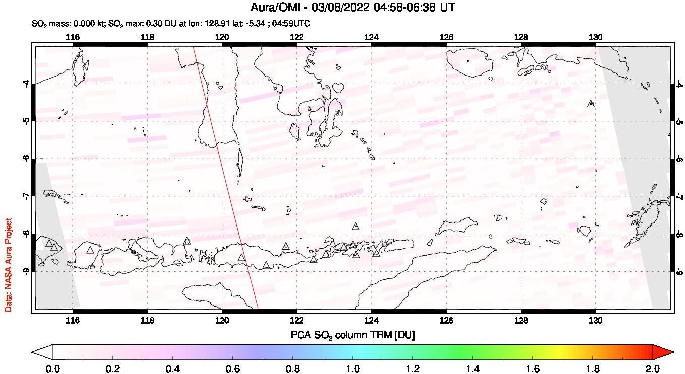A sulfur dioxide image over Lesser Sunda Islands, Indonesia on Mar 08, 2022.