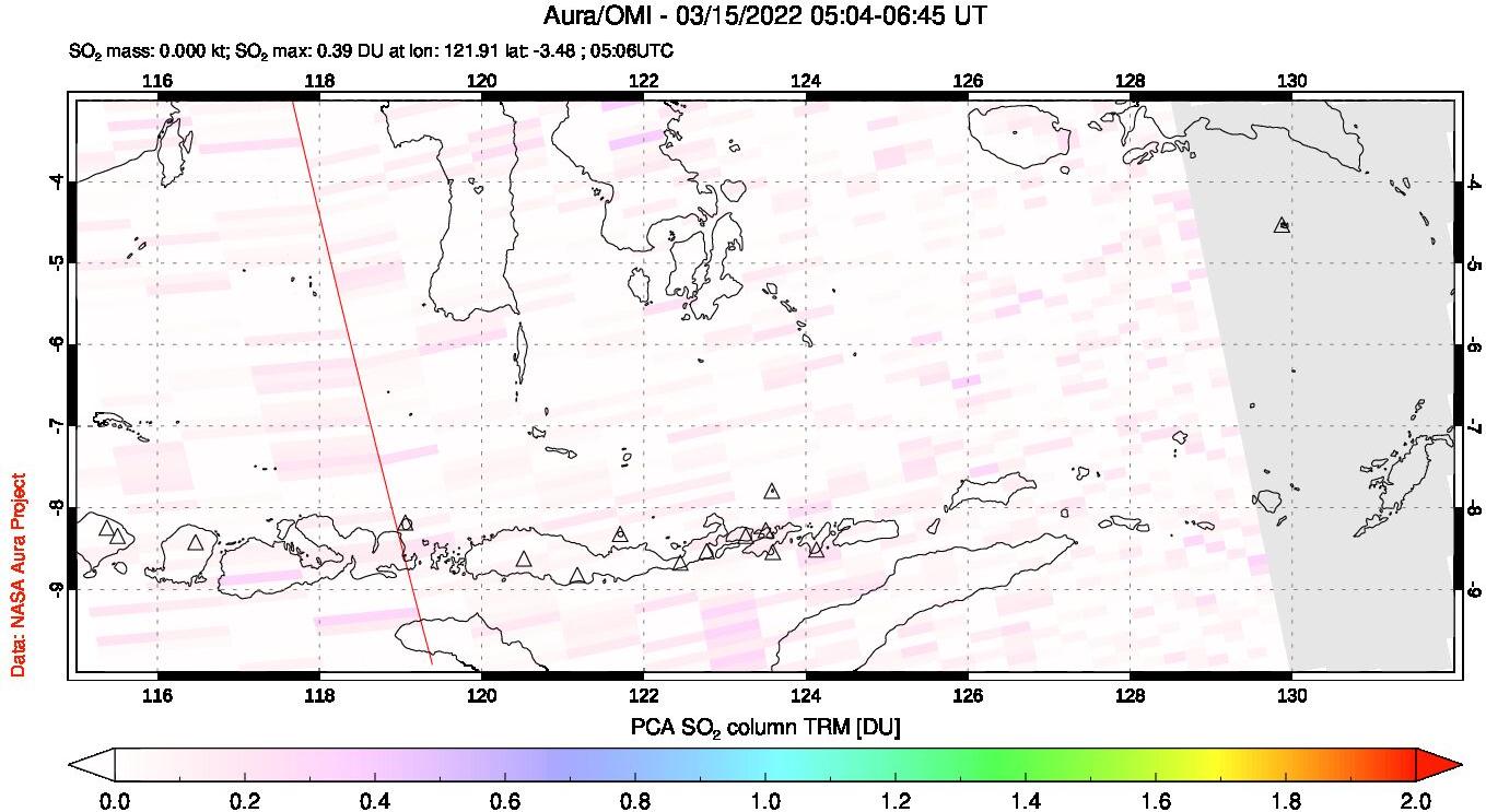A sulfur dioxide image over Lesser Sunda Islands, Indonesia on Mar 15, 2022.
