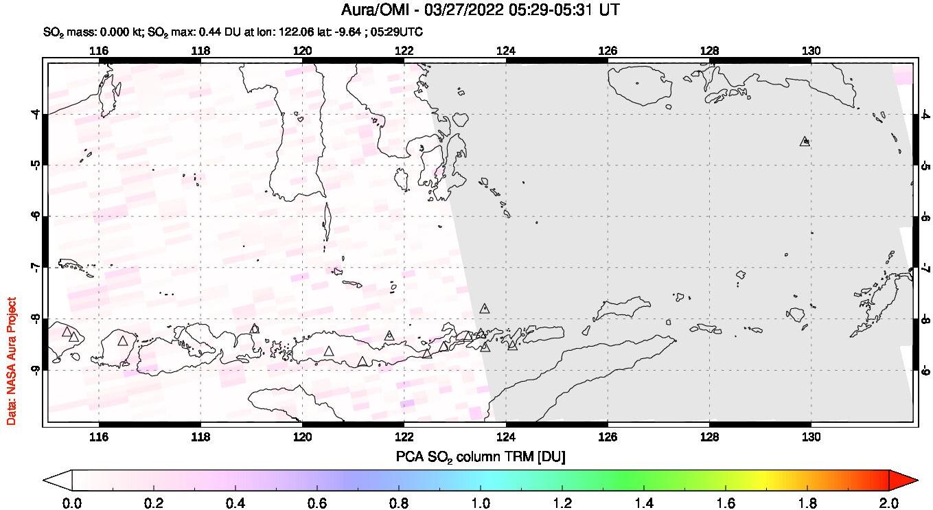 A sulfur dioxide image over Lesser Sunda Islands, Indonesia on Mar 27, 2022.