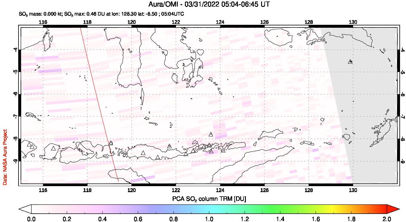 A sulfur dioxide image over Lesser Sunda Islands, Indonesia on Mar 31, 2022.