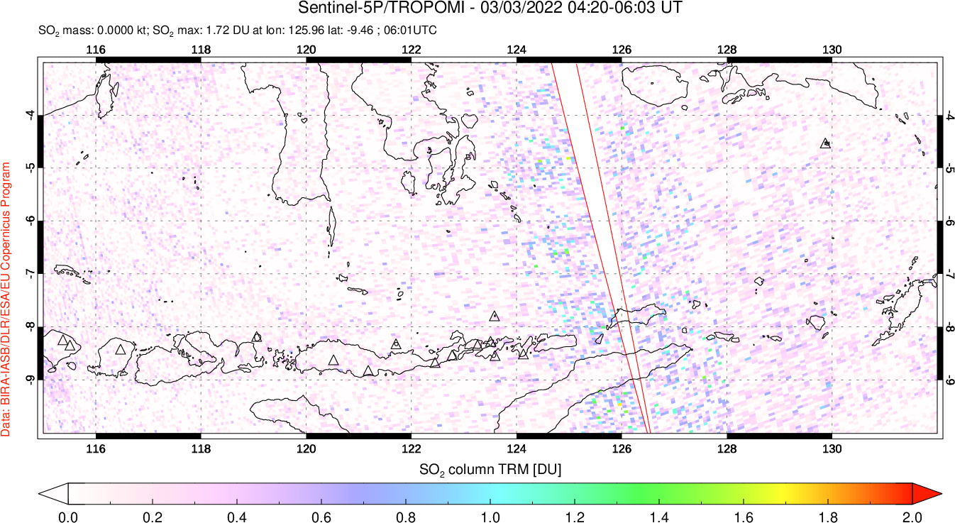 A sulfur dioxide image over Lesser Sunda Islands, Indonesia on Mar 03, 2022.