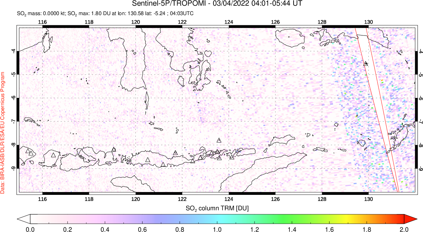 A sulfur dioxide image over Lesser Sunda Islands, Indonesia on Mar 04, 2022.