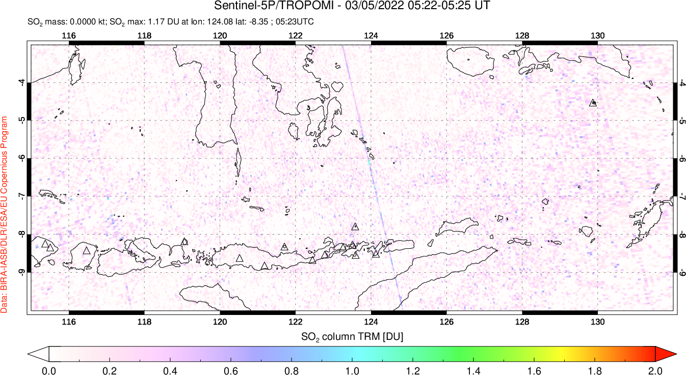 A sulfur dioxide image over Lesser Sunda Islands, Indonesia on Mar 05, 2022.