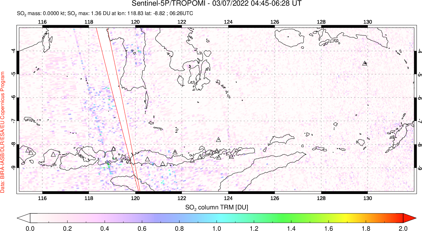 A sulfur dioxide image over Lesser Sunda Islands, Indonesia on Mar 07, 2022.