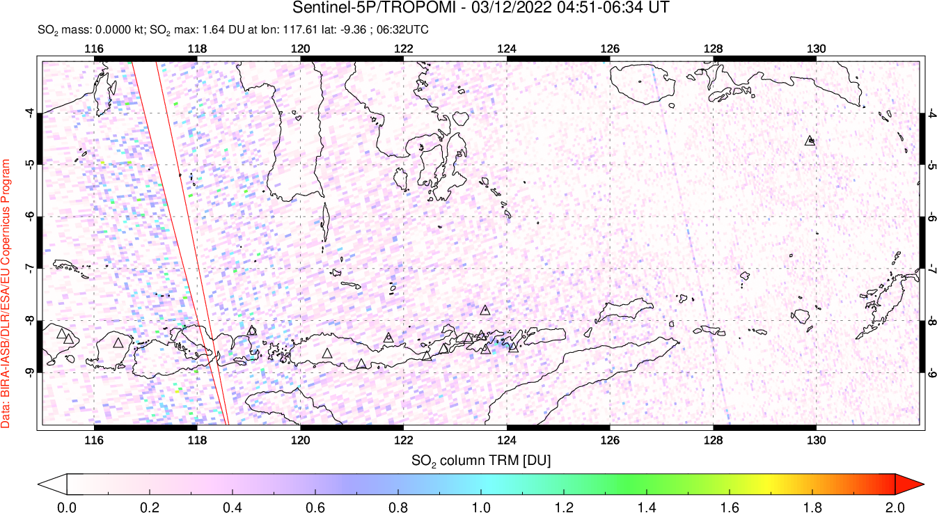 A sulfur dioxide image over Lesser Sunda Islands, Indonesia on Mar 12, 2022.