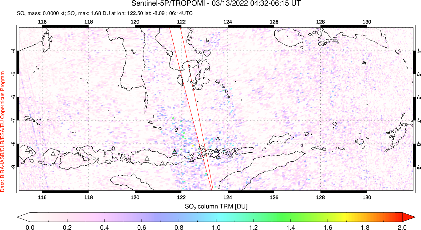 A sulfur dioxide image over Lesser Sunda Islands, Indonesia on Mar 13, 2022.