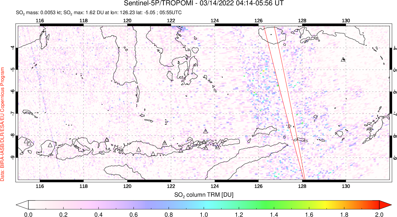 A sulfur dioxide image over Lesser Sunda Islands, Indonesia on Mar 14, 2022.