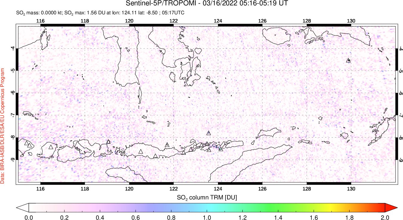 A sulfur dioxide image over Lesser Sunda Islands, Indonesia on Mar 16, 2022.