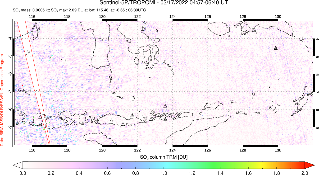 A sulfur dioxide image over Lesser Sunda Islands, Indonesia on Mar 17, 2022.