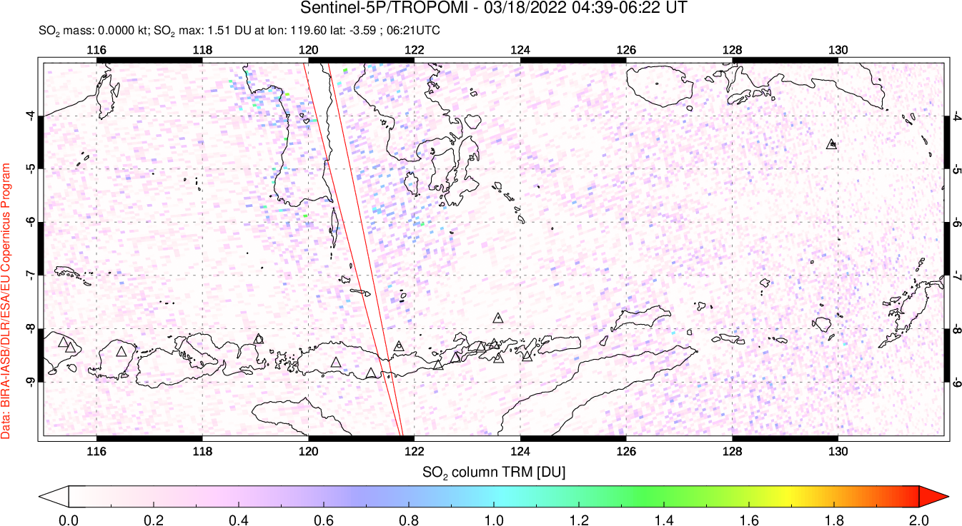A sulfur dioxide image over Lesser Sunda Islands, Indonesia on Mar 18, 2022.