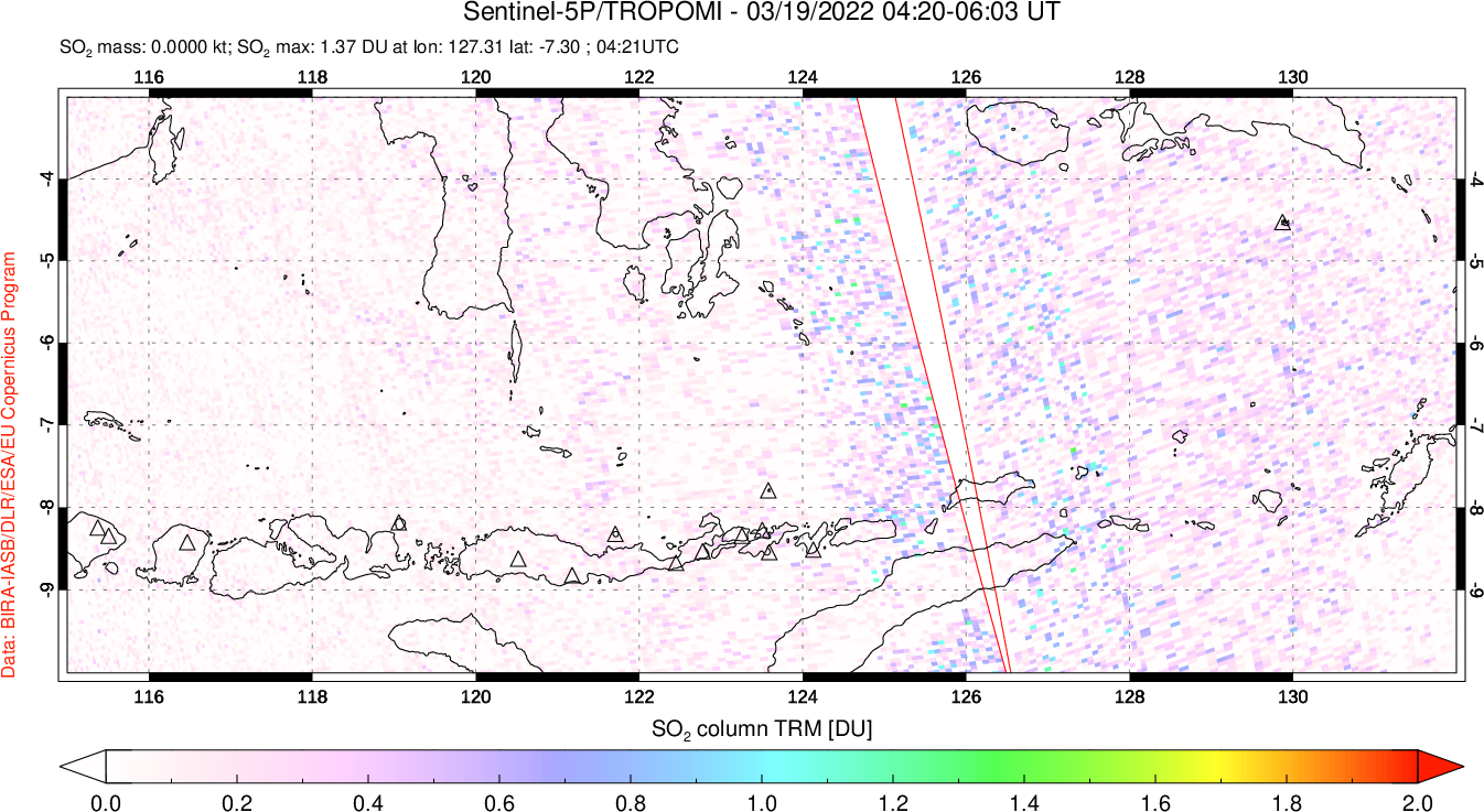 A sulfur dioxide image over Lesser Sunda Islands, Indonesia on Mar 19, 2022.
