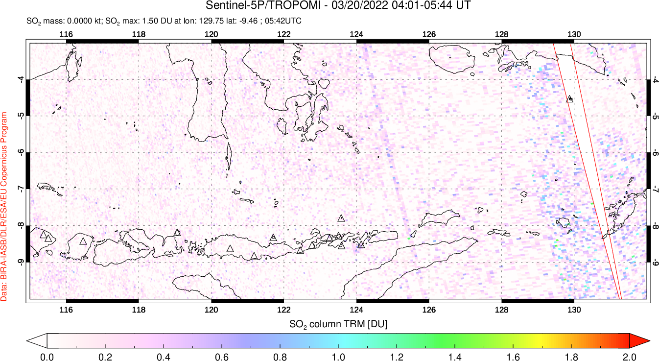A sulfur dioxide image over Lesser Sunda Islands, Indonesia on Mar 20, 2022.