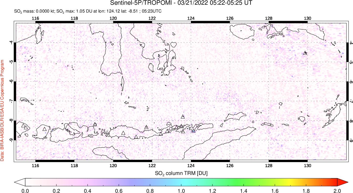 A sulfur dioxide image over Lesser Sunda Islands, Indonesia on Mar 21, 2022.