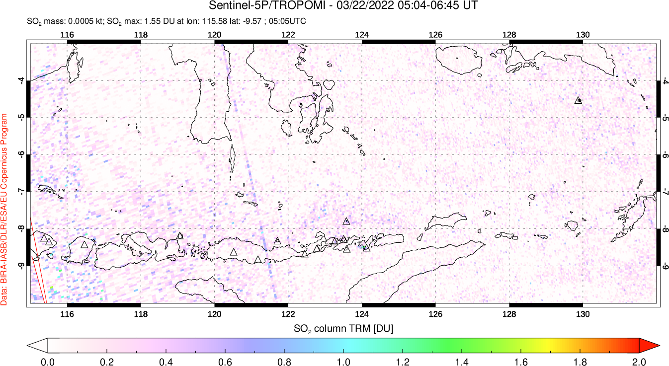 A sulfur dioxide image over Lesser Sunda Islands, Indonesia on Mar 22, 2022.