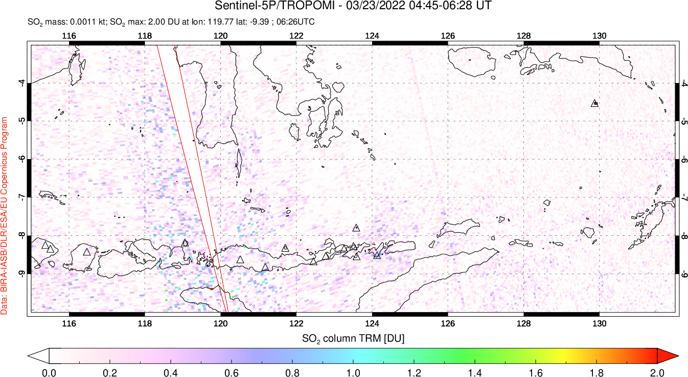 A sulfur dioxide image over Lesser Sunda Islands, Indonesia on Mar 23, 2022.