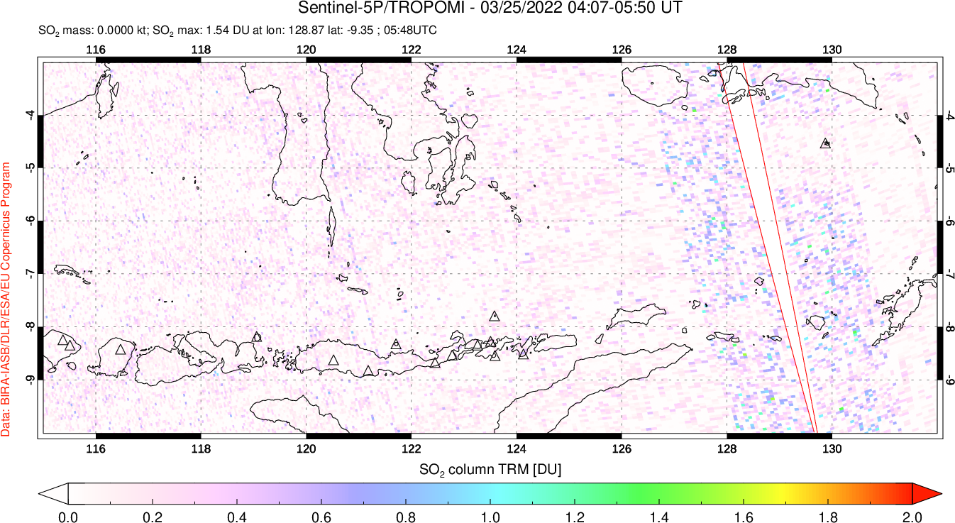 A sulfur dioxide image over Lesser Sunda Islands, Indonesia on Mar 25, 2022.