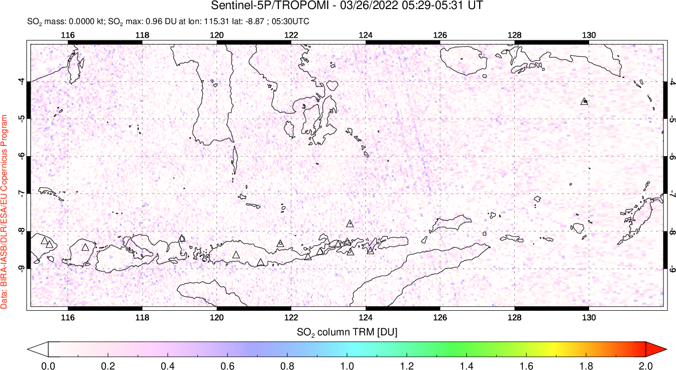 A sulfur dioxide image over Lesser Sunda Islands, Indonesia on Mar 26, 2022.