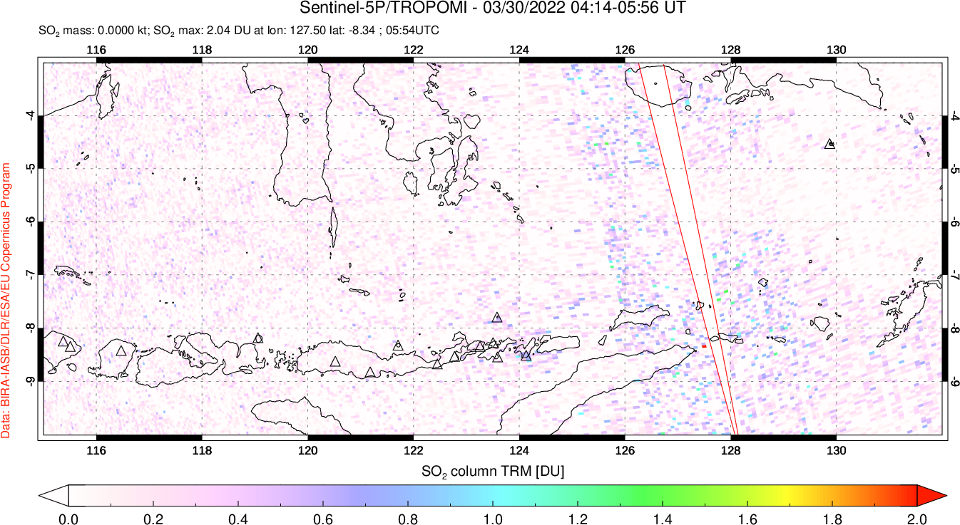 A sulfur dioxide image over Lesser Sunda Islands, Indonesia on Mar 30, 2022.