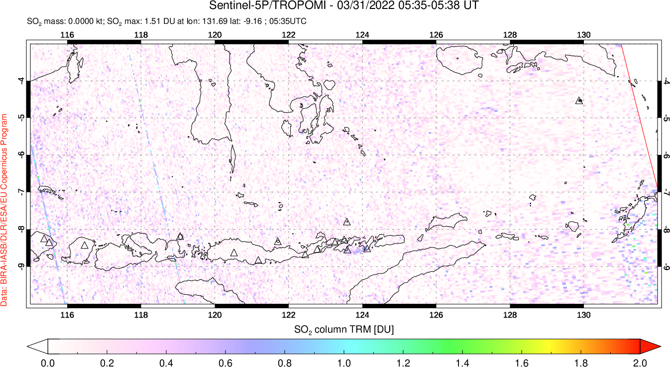 A sulfur dioxide image over Lesser Sunda Islands, Indonesia on Mar 31, 2022.
