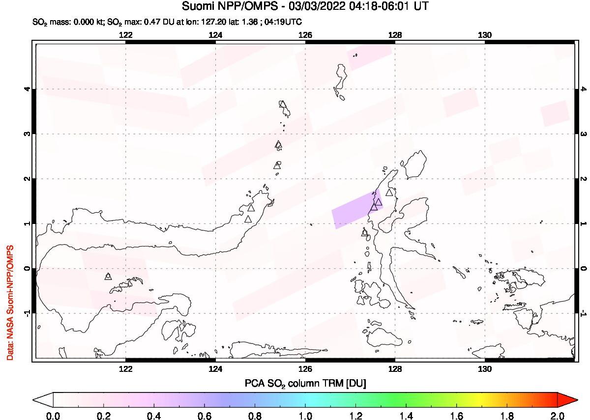 A sulfur dioxide image over Northern Sulawesi & Halmahera, Indonesia on Mar 03, 2022.