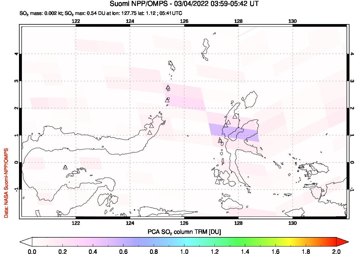 A sulfur dioxide image over Northern Sulawesi & Halmahera, Indonesia on Mar 04, 2022.