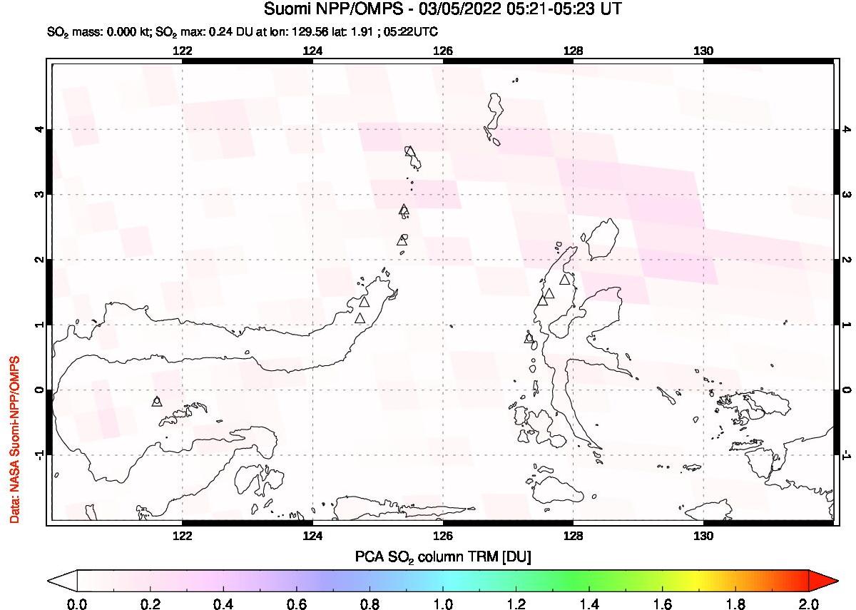 A sulfur dioxide image over Northern Sulawesi & Halmahera, Indonesia on Mar 05, 2022.