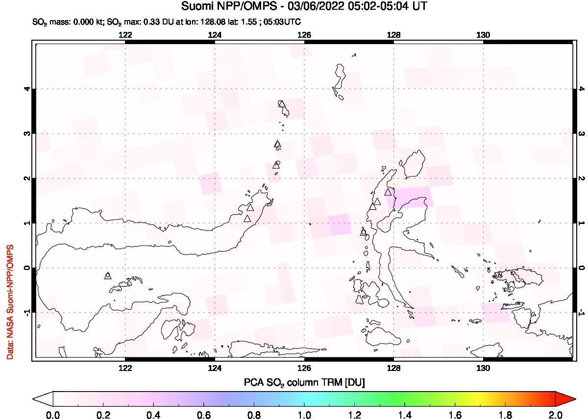 A sulfur dioxide image over Northern Sulawesi & Halmahera, Indonesia on Mar 06, 2022.