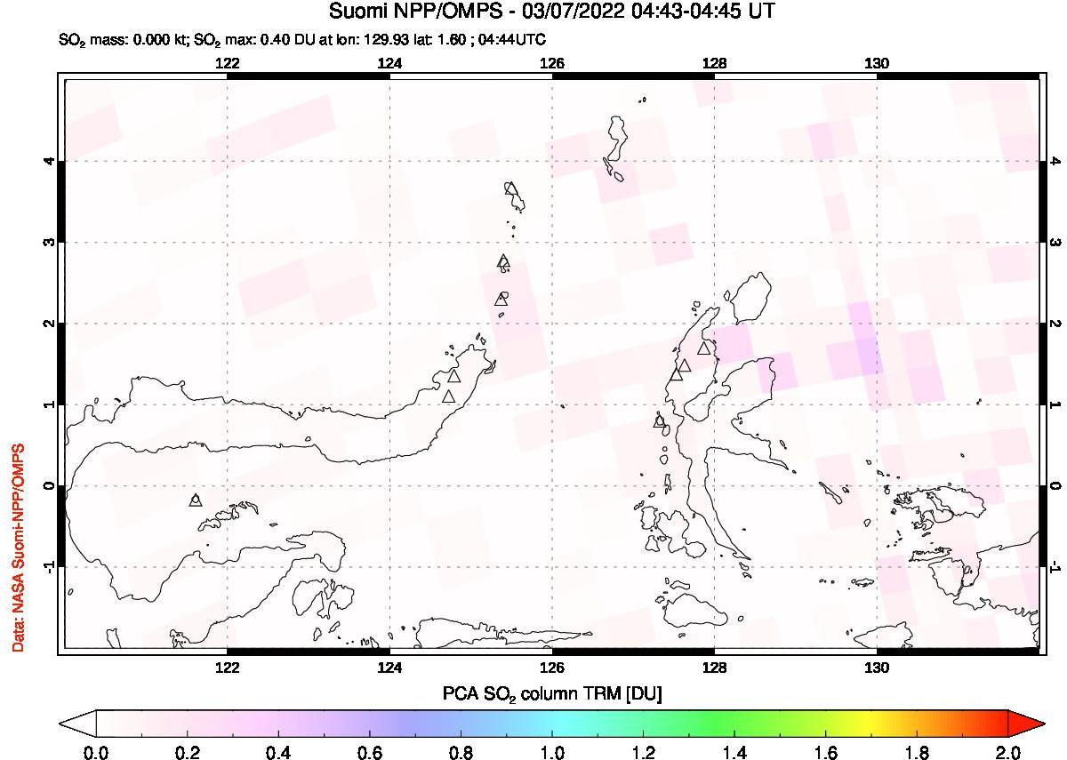 A sulfur dioxide image over Northern Sulawesi & Halmahera, Indonesia on Mar 07, 2022.