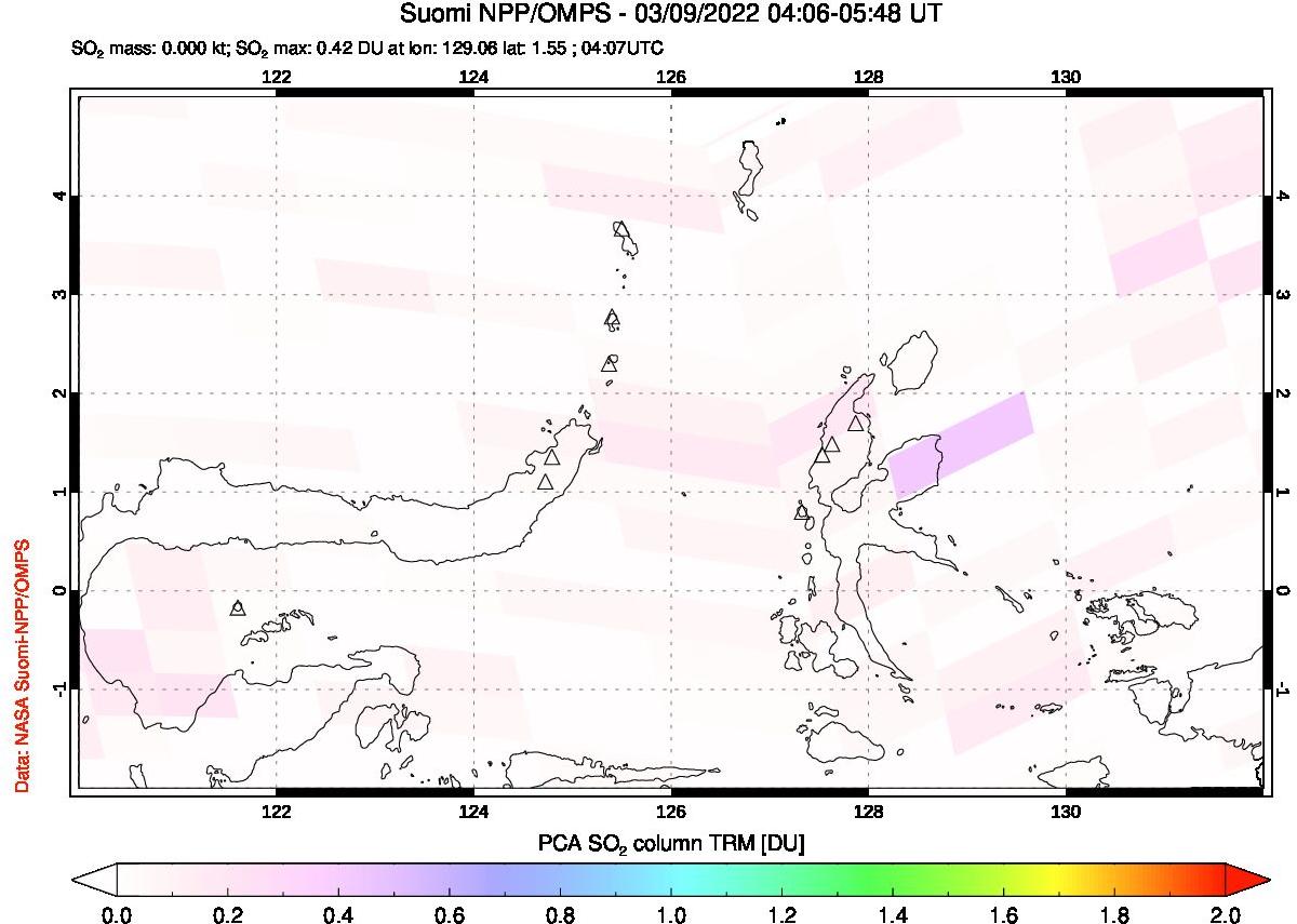 A sulfur dioxide image over Northern Sulawesi & Halmahera, Indonesia on Mar 09, 2022.