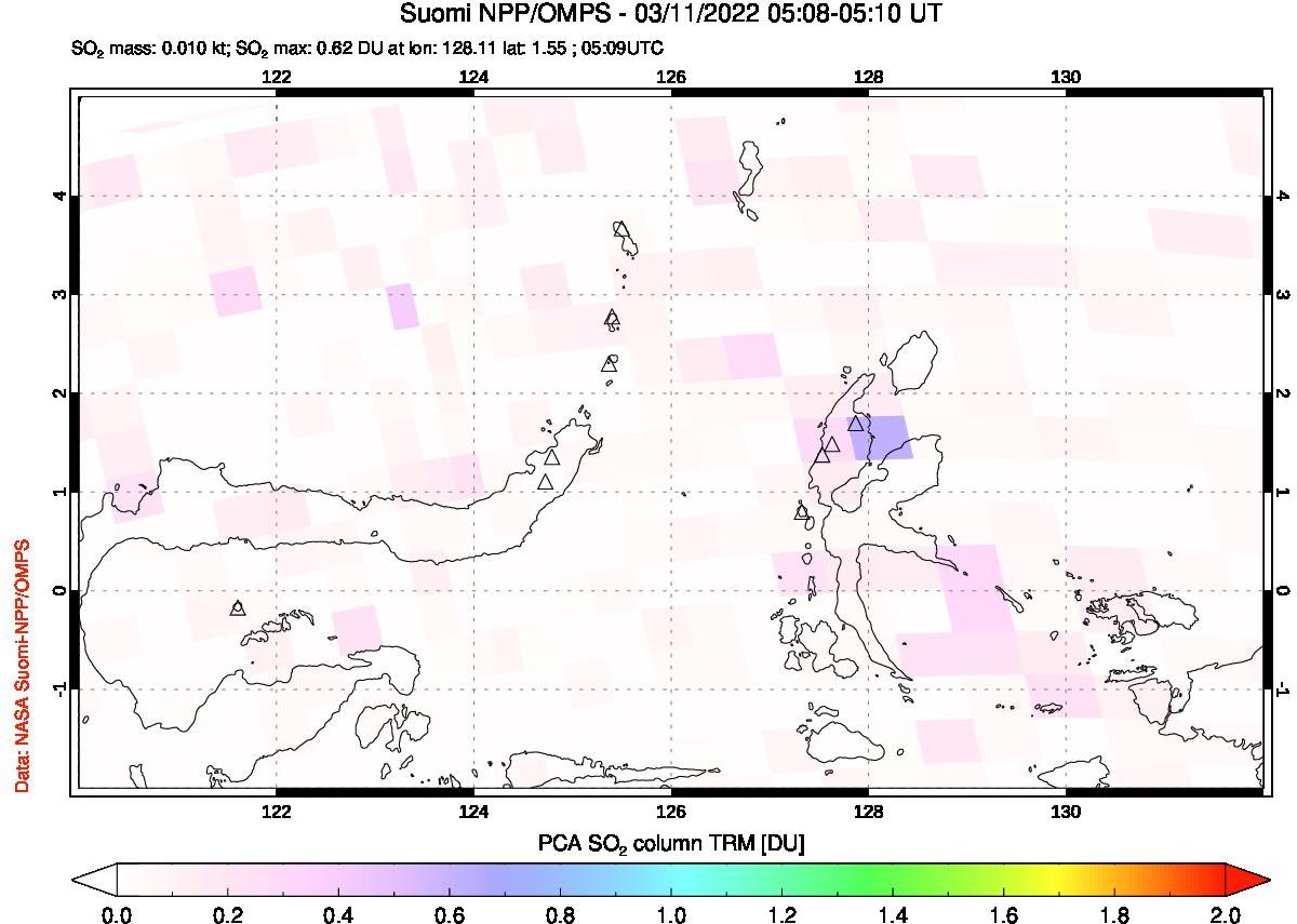 A sulfur dioxide image over Northern Sulawesi & Halmahera, Indonesia on Mar 11, 2022.