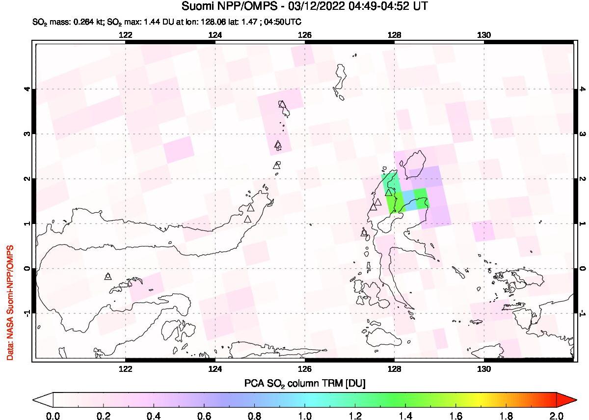 A sulfur dioxide image over Northern Sulawesi & Halmahera, Indonesia on Mar 12, 2022.
