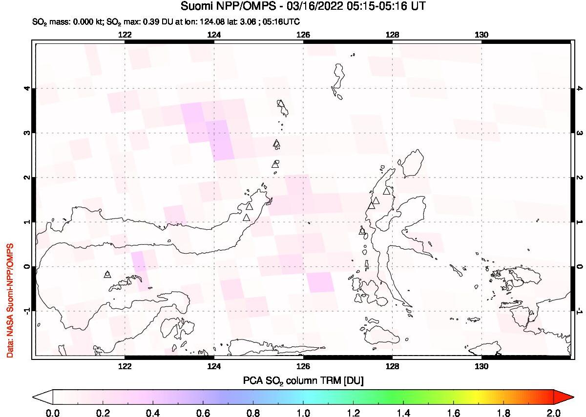 A sulfur dioxide image over Northern Sulawesi & Halmahera, Indonesia on Mar 16, 2022.