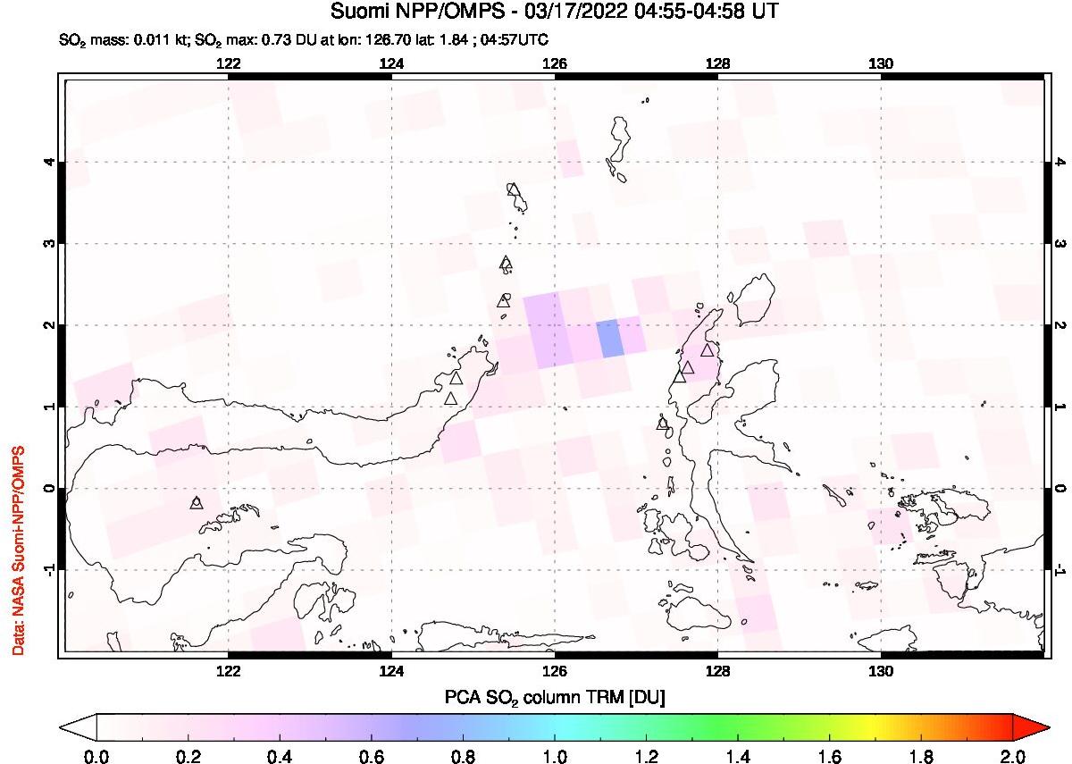 A sulfur dioxide image over Northern Sulawesi & Halmahera, Indonesia on Mar 17, 2022.