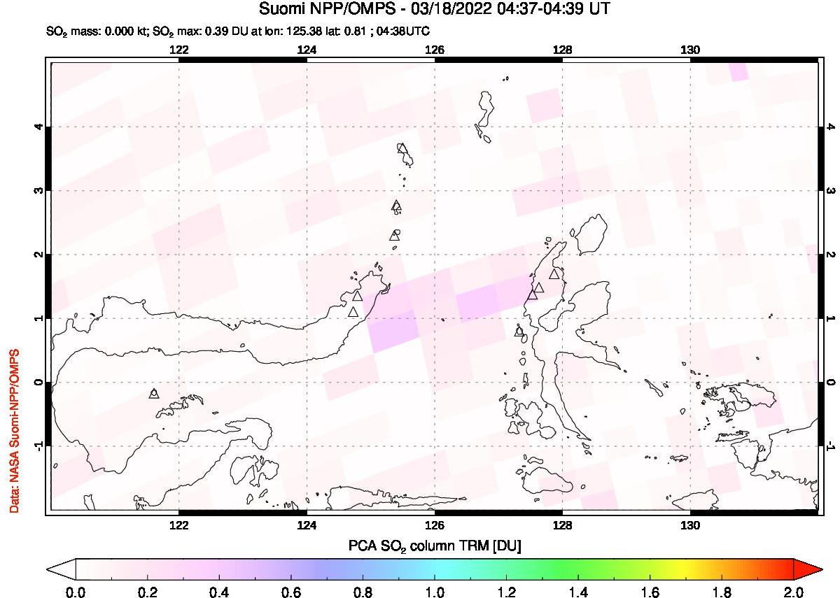 A sulfur dioxide image over Northern Sulawesi & Halmahera, Indonesia on Mar 18, 2022.