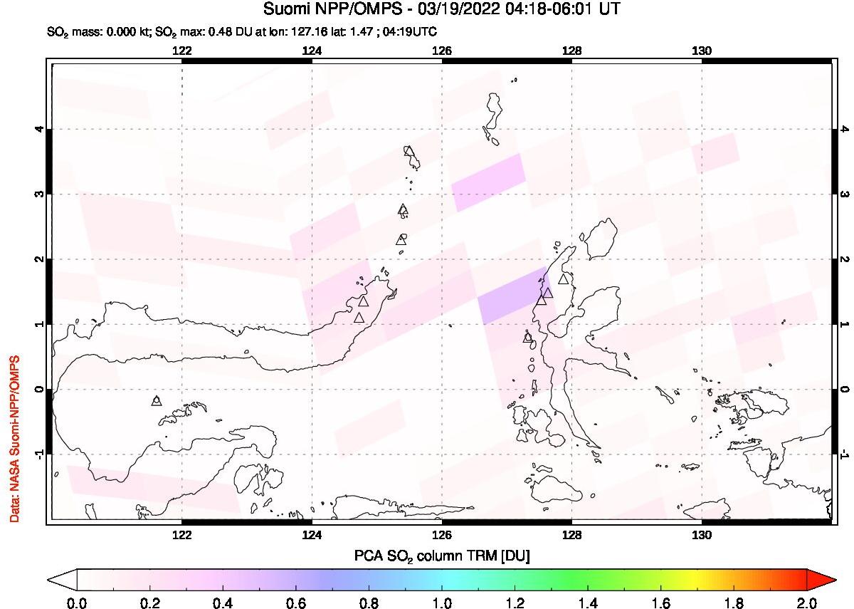 A sulfur dioxide image over Northern Sulawesi & Halmahera, Indonesia on Mar 19, 2022.