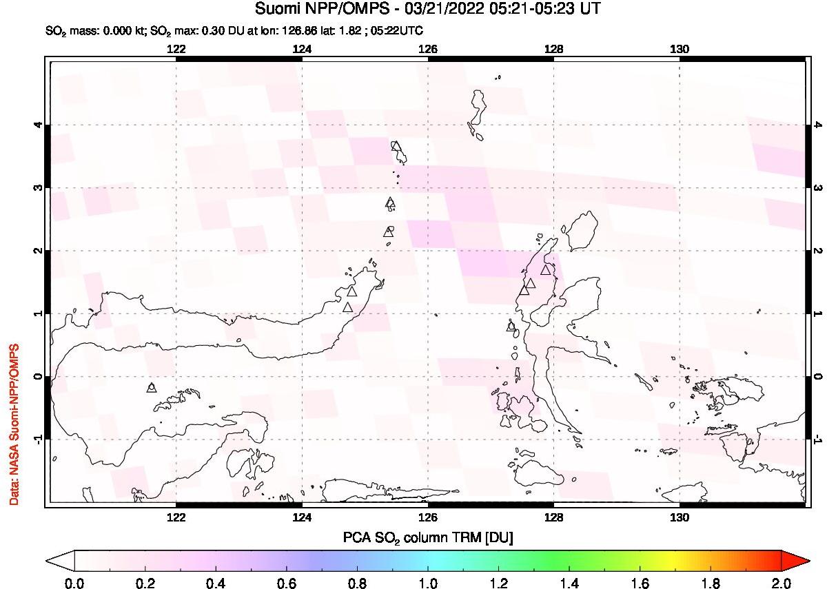 A sulfur dioxide image over Northern Sulawesi & Halmahera, Indonesia on Mar 21, 2022.