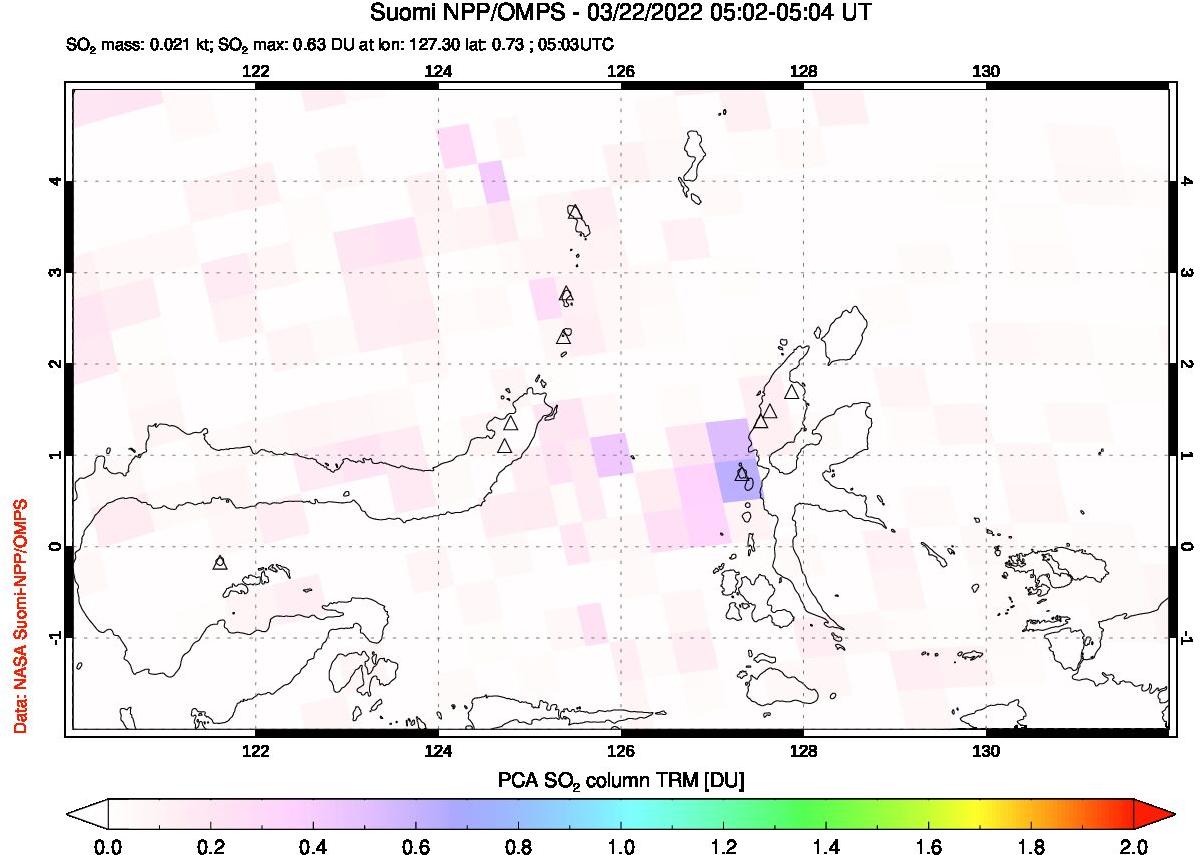A sulfur dioxide image over Northern Sulawesi & Halmahera, Indonesia on Mar 22, 2022.