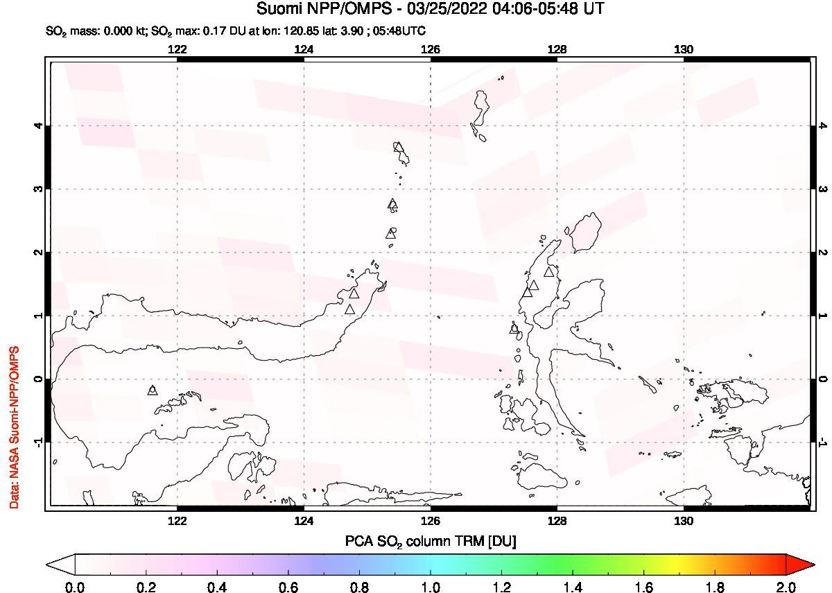 A sulfur dioxide image over Northern Sulawesi & Halmahera, Indonesia on Mar 25, 2022.
