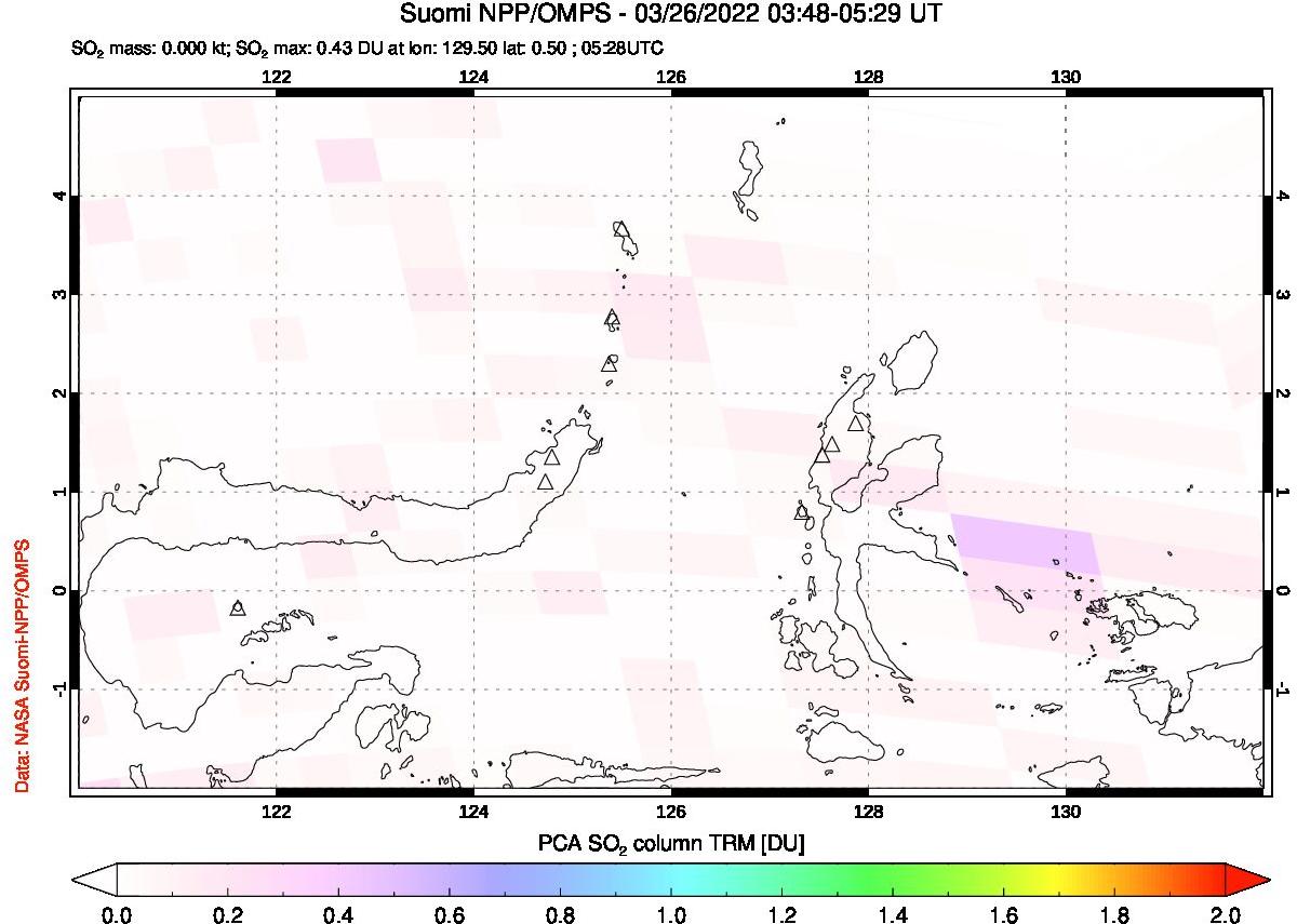 A sulfur dioxide image over Northern Sulawesi & Halmahera, Indonesia on Mar 26, 2022.