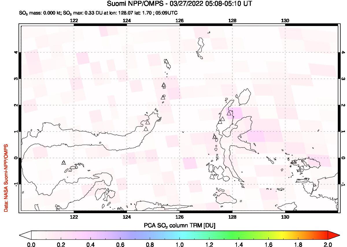 A sulfur dioxide image over Northern Sulawesi & Halmahera, Indonesia on Mar 27, 2022.