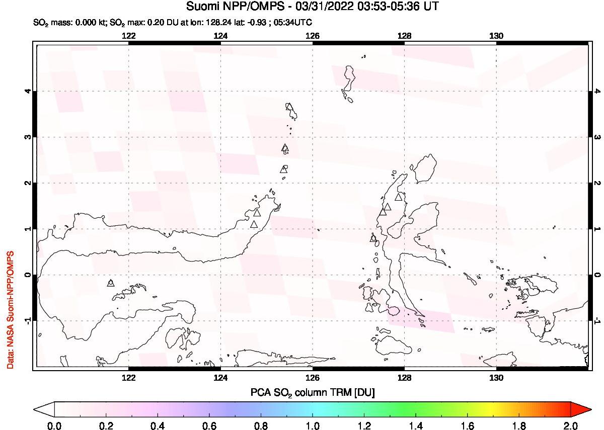 A sulfur dioxide image over Northern Sulawesi & Halmahera, Indonesia on Mar 31, 2022.