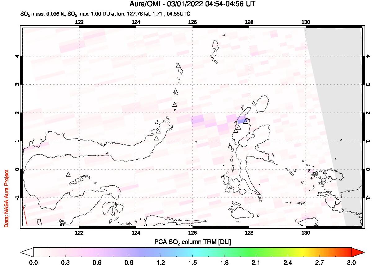 A sulfur dioxide image over Northern Sulawesi & Halmahera, Indonesia on Mar 01, 2022.