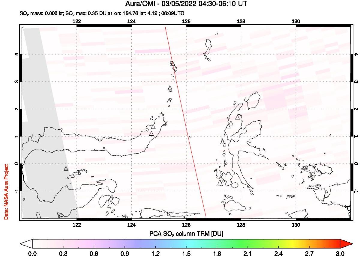 A sulfur dioxide image over Northern Sulawesi & Halmahera, Indonesia on Mar 05, 2022.