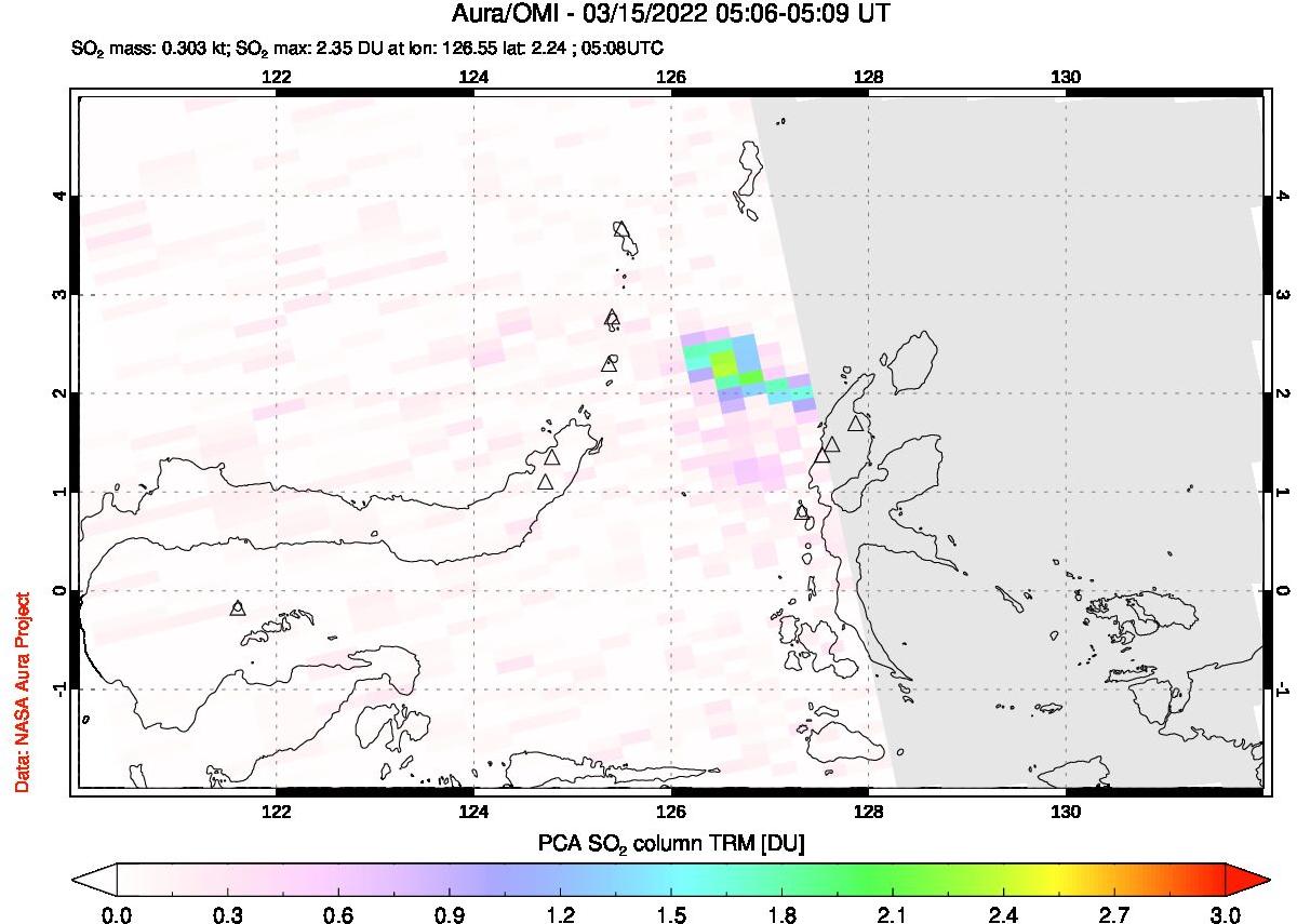 A sulfur dioxide image over Northern Sulawesi & Halmahera, Indonesia on Mar 15, 2022.
