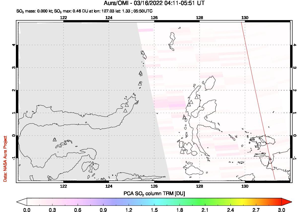 A sulfur dioxide image over Northern Sulawesi & Halmahera, Indonesia on Mar 16, 2022.