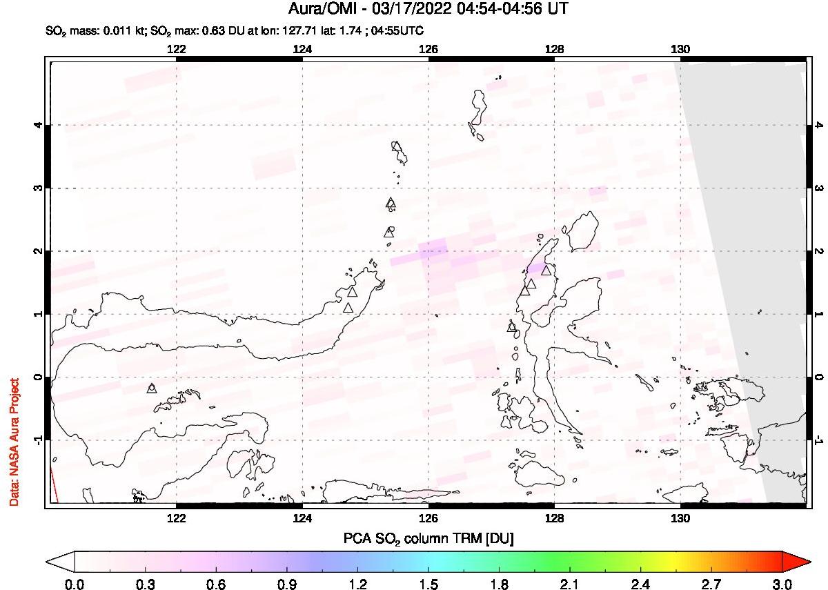 A sulfur dioxide image over Northern Sulawesi & Halmahera, Indonesia on Mar 17, 2022.