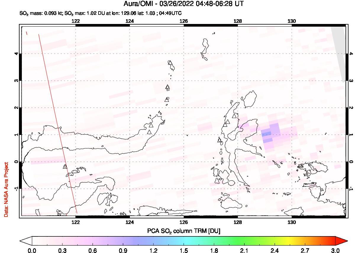 A sulfur dioxide image over Northern Sulawesi & Halmahera, Indonesia on Mar 26, 2022.