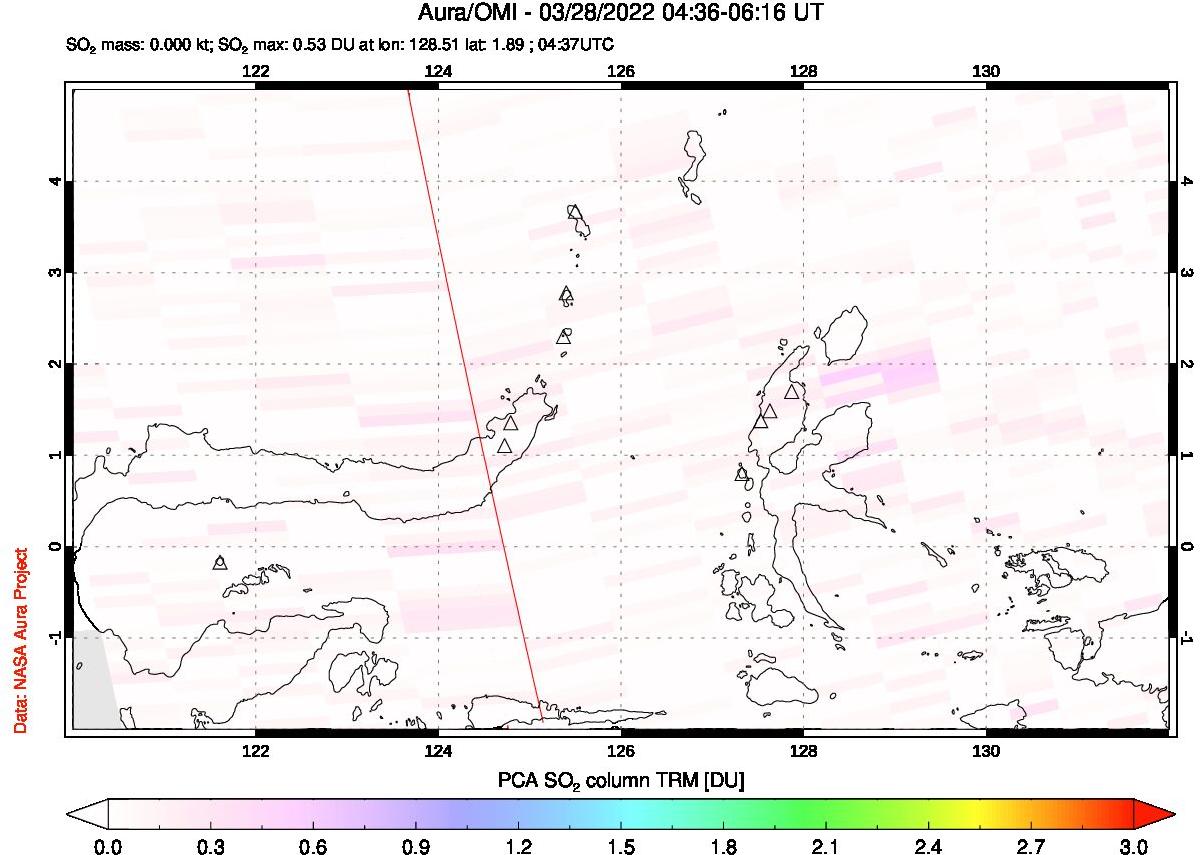 A sulfur dioxide image over Northern Sulawesi & Halmahera, Indonesia on Mar 28, 2022.